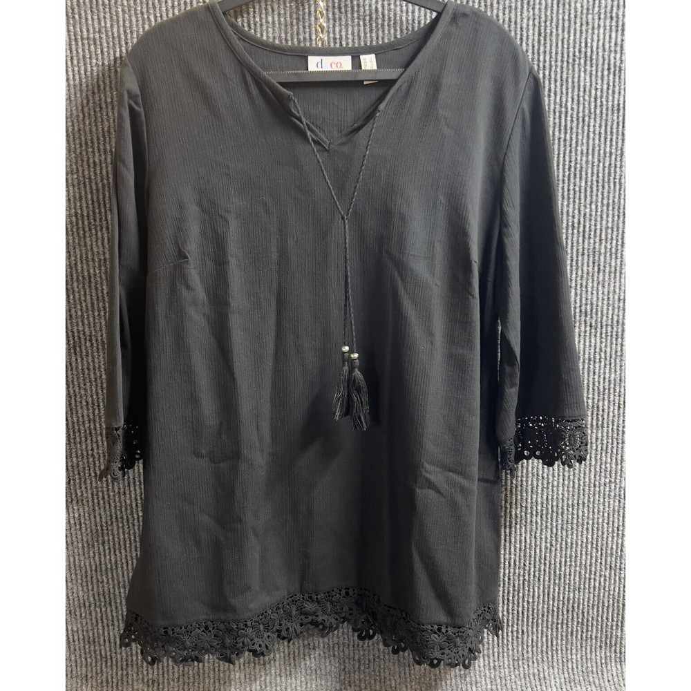 Denim & Company Womens Large Black Shirt Lacey 3/4 Sleeve Pullover Tunic V- Neck
